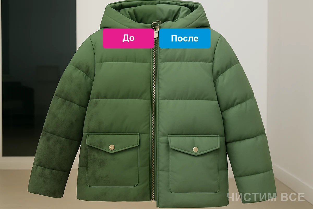 Green puffer jacket before and after cleaning Химчистка пуховика по майской акции