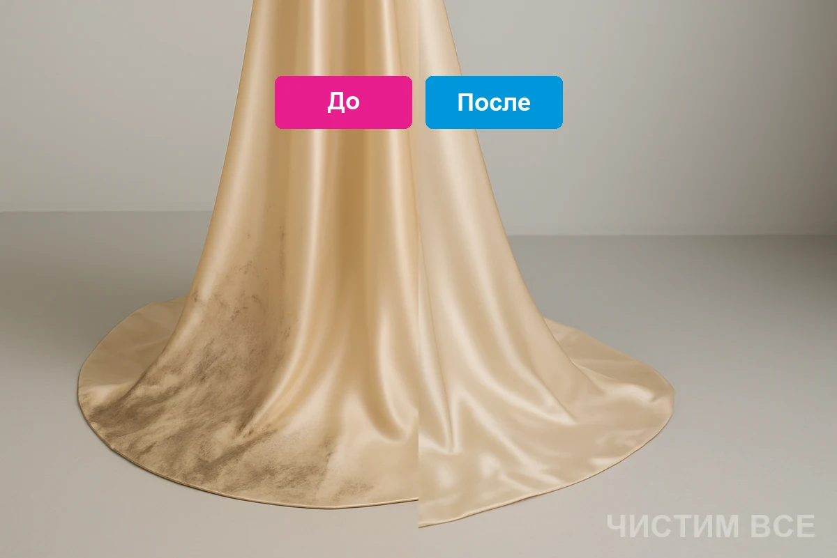Ivory wedding dress hem before and after cleaning Химчистка свадебного платья для новоявленной жены